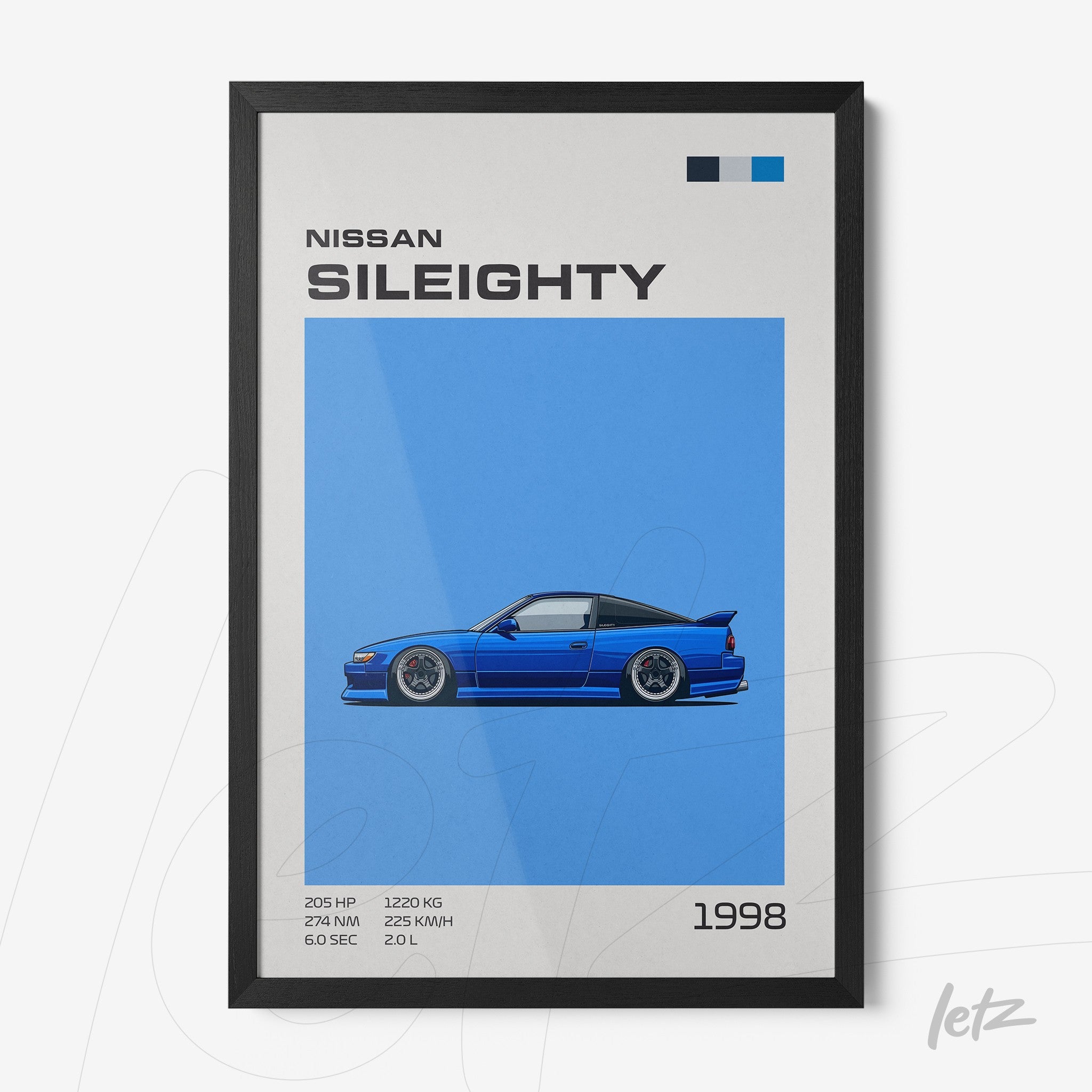 framed artwork featuring a vintage illustration of a Nissan SilEighty on a blue background with a black frame