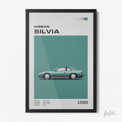minimalist framed art of a 1988 Nissan Silvia with a black frame
