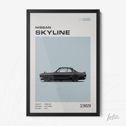 framed wall art featuring a minimalist illustration of the 1969 Nissan Skyline with a black frame and light blue background