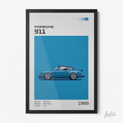 framed art piece featuring a stylized illustration of a Porsche 911 on a blue background with a black frame