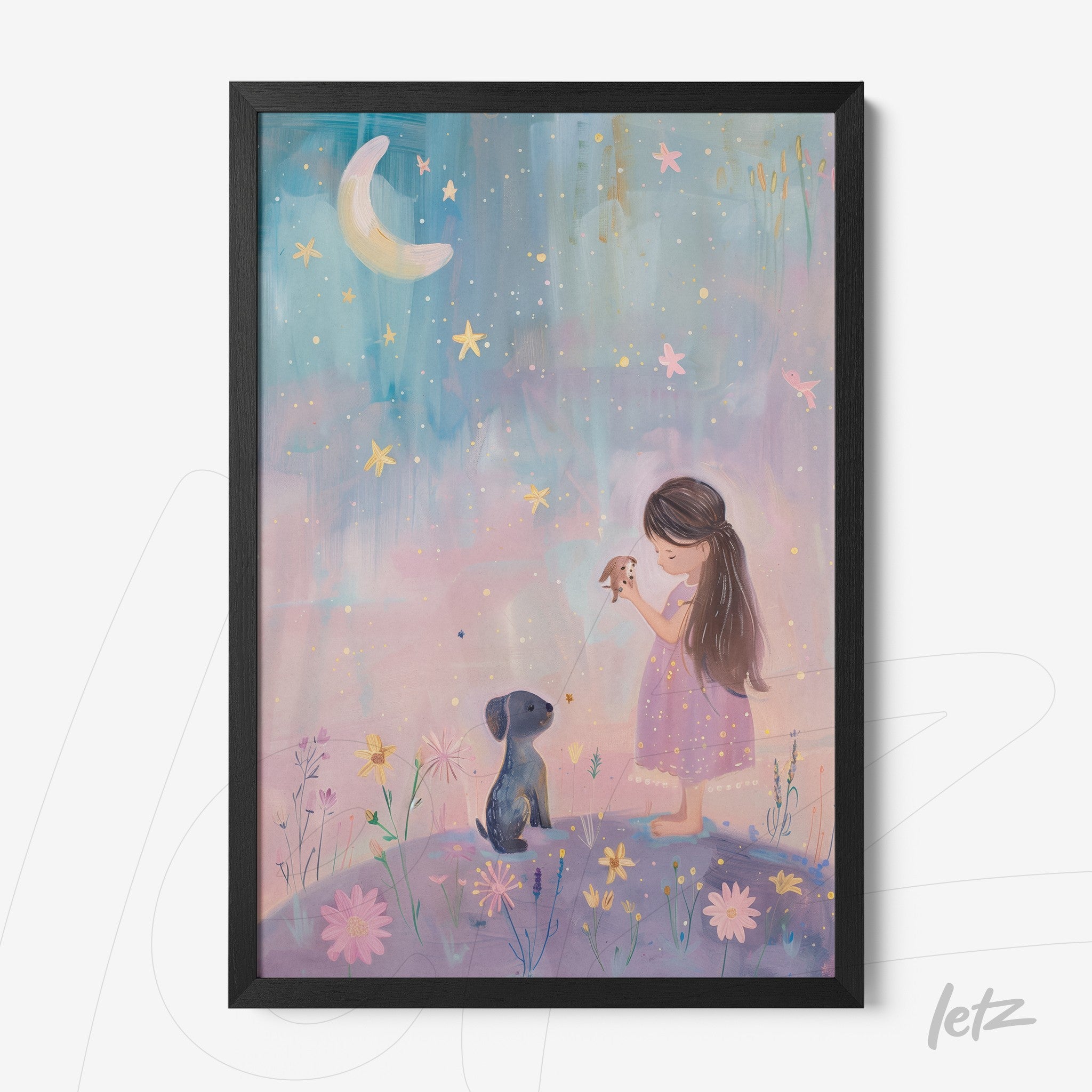 framed children's art of a girl in a pink dress holding something with a dog under a starry sky