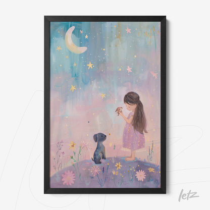 framed children's art of a girl in a pink dress holding something with a dog under a starry sky