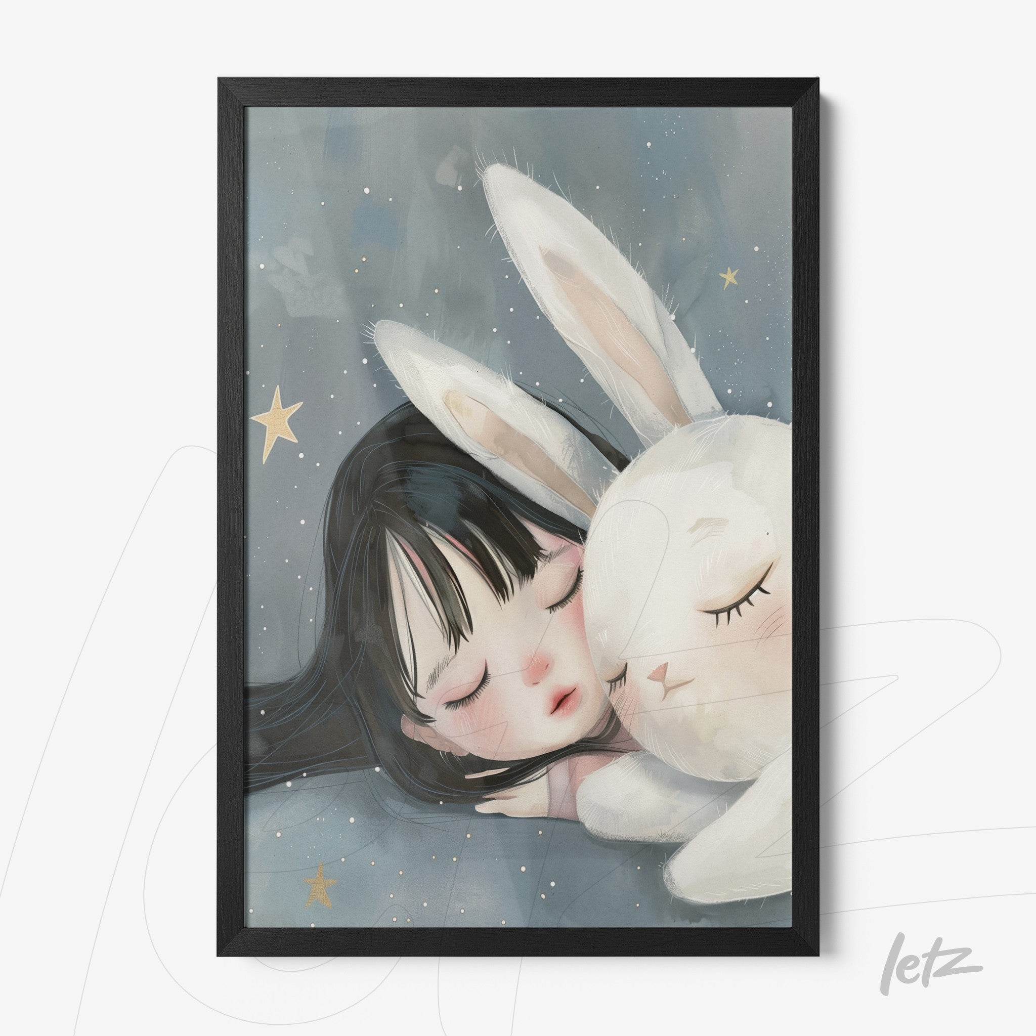 framed artwork featuring a girl sleeping beside a white rabbit with a dark background