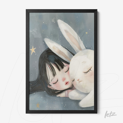 framed artwork featuring a girl sleeping beside a white rabbit with a dark background