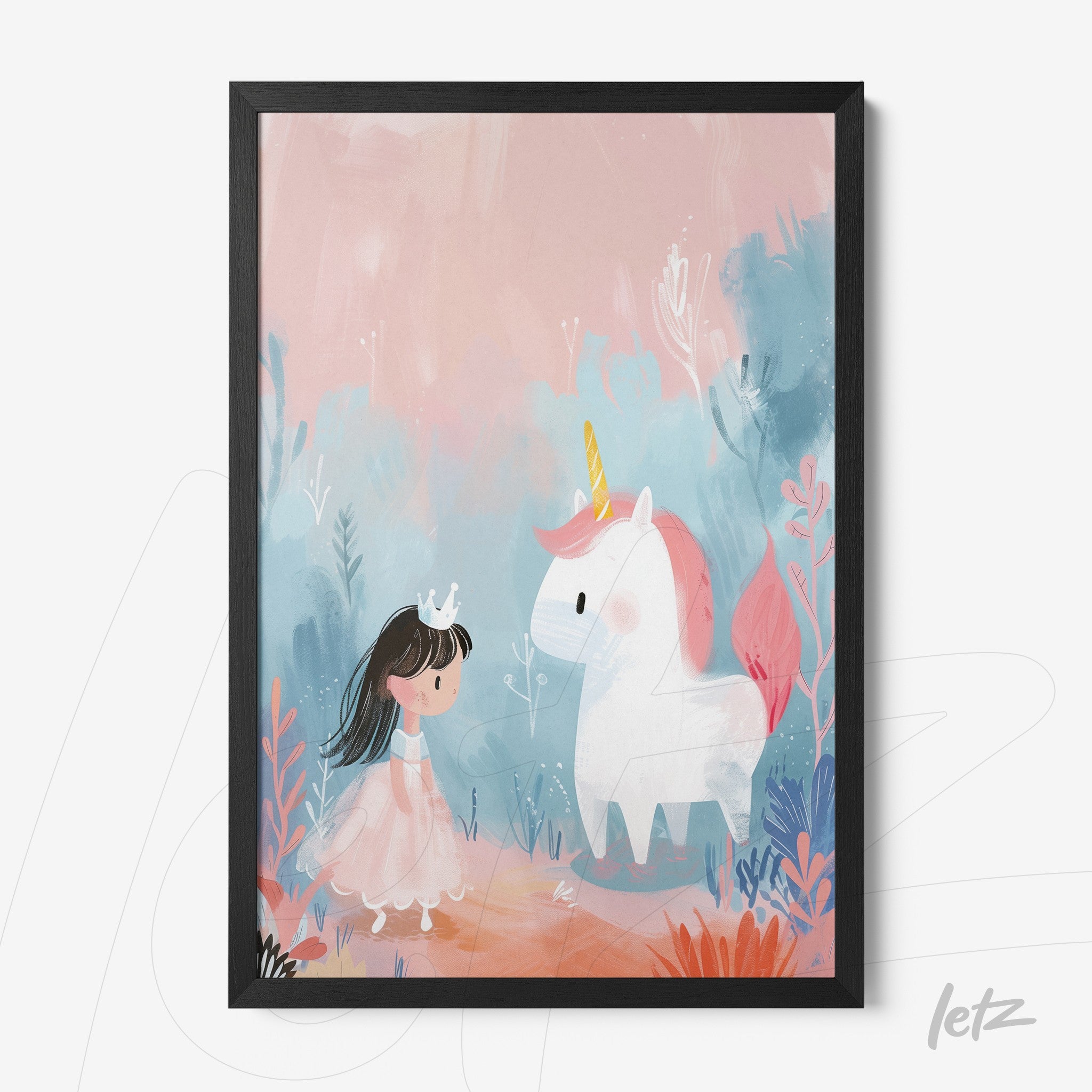 framed children's illustration of a girl wearing a pink crown standing in front of a white unicorn