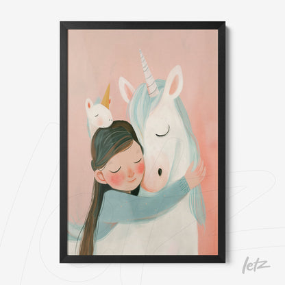 framed art featuring a girl embracing a unicorn against a soft pink background with black frame