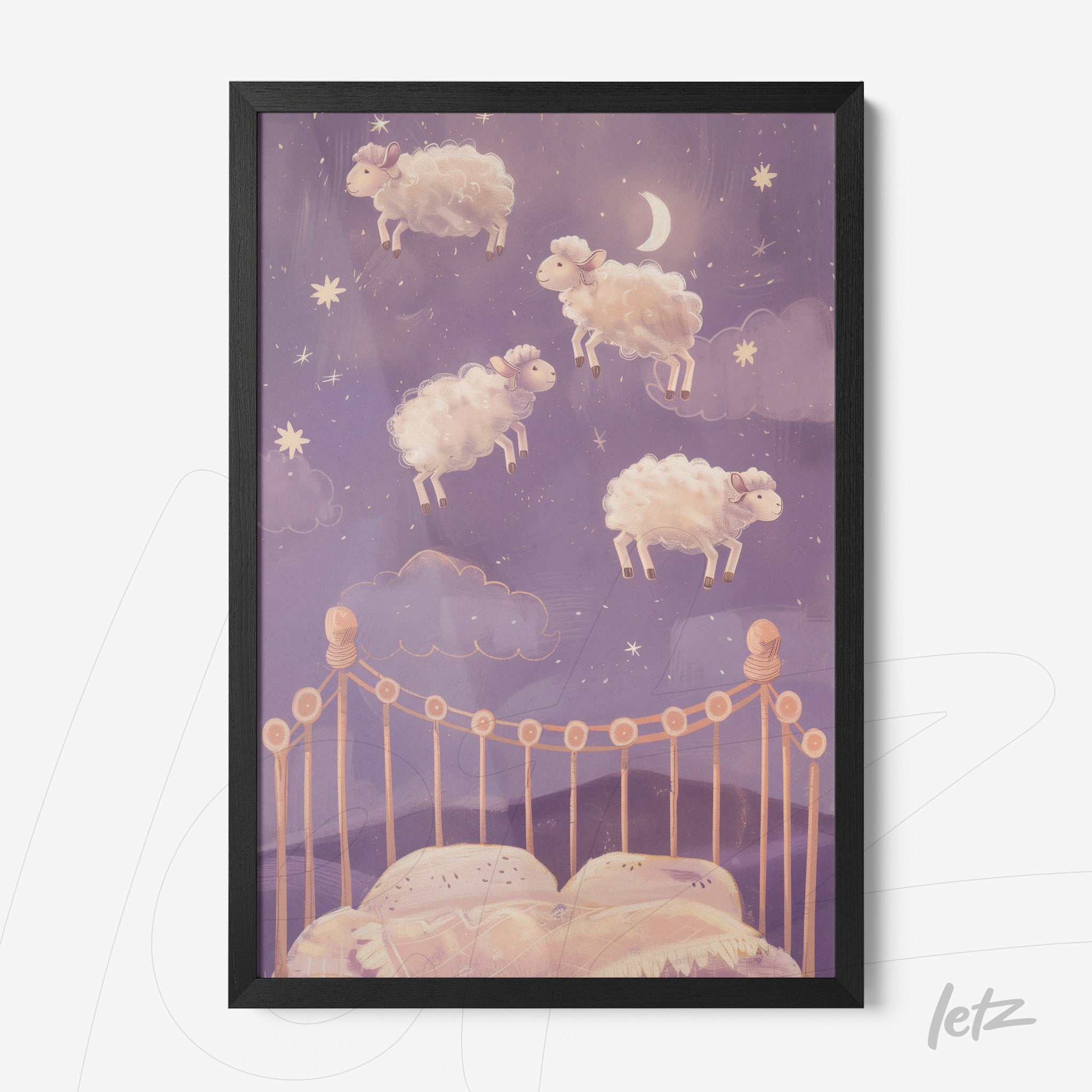 framed art featuring whimsical illustration of floating sheep above a bed in a starry sky