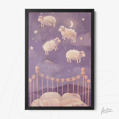 framed art featuring whimsical illustration of floating sheep above a bed in a starry sky