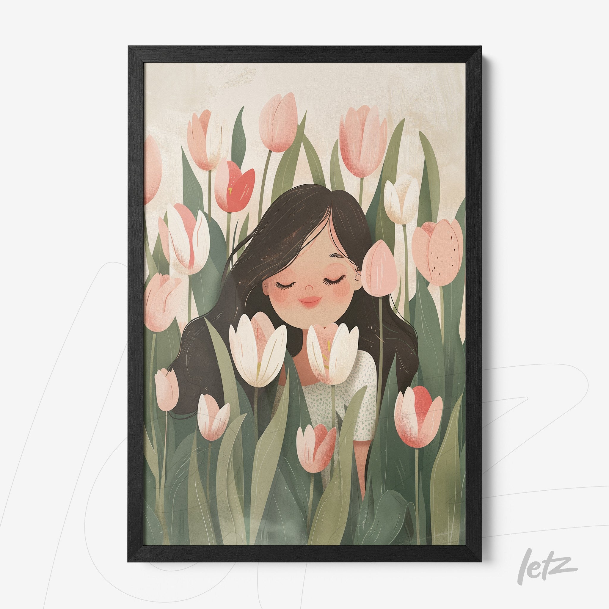 framed illustration of a girl surrounded by tulips on a soft background with black frame