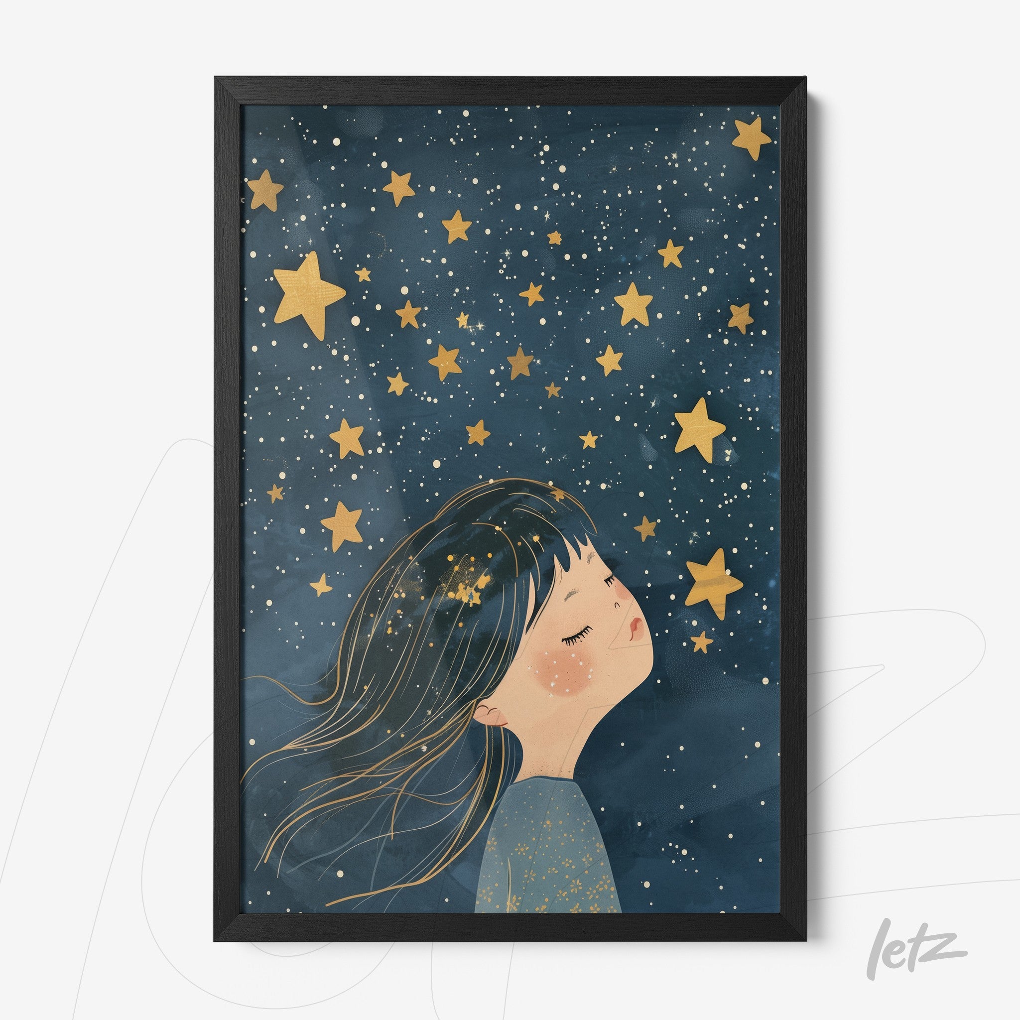 framed artwork of a girl dreaming under a starry sky with a black frame