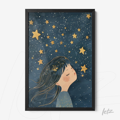framed artwork of a girl dreaming under a starry sky with a black frame