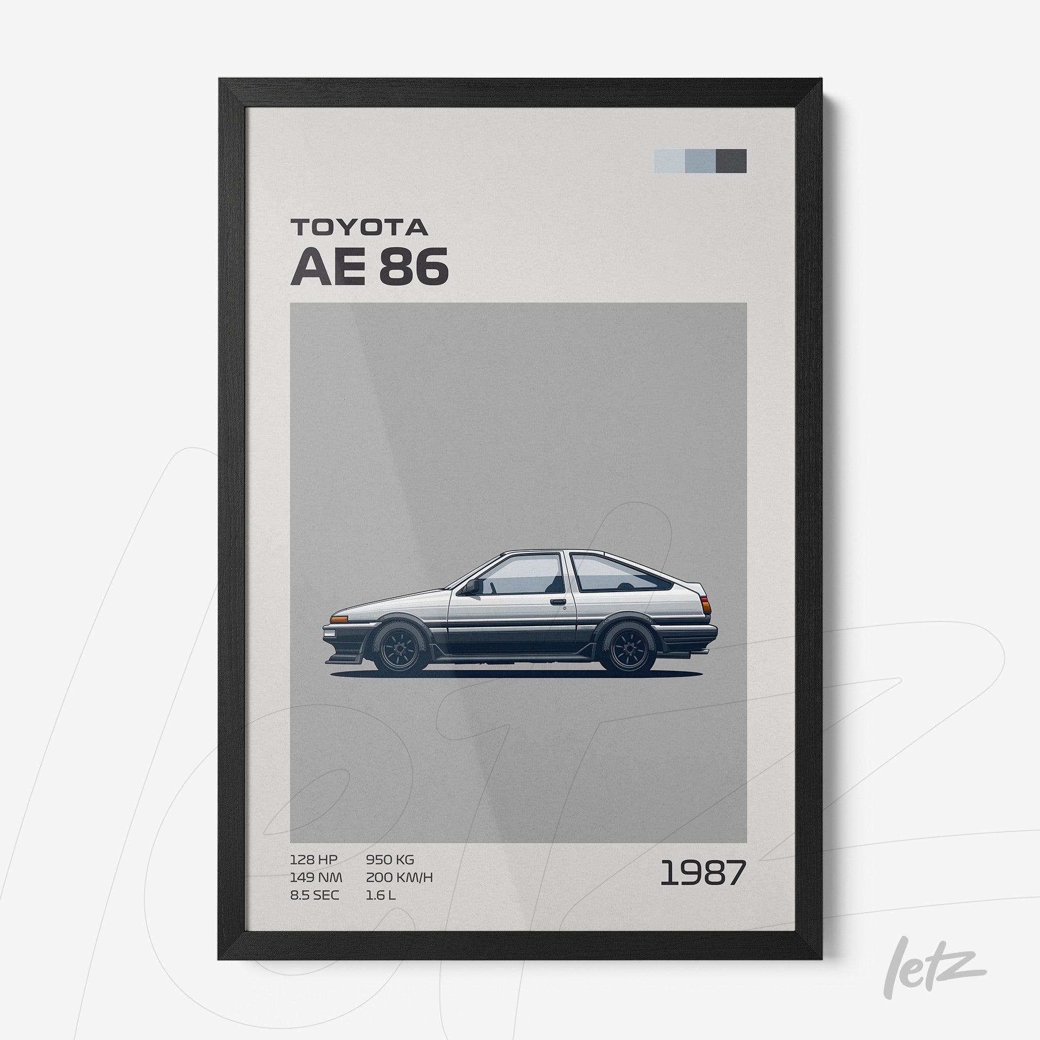 framed artwork depicting a minimalist illustration of the Toyota AE86 car with a sleek black frame