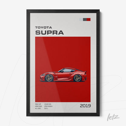 framed wall art featuring a sporty toyota supra illustration on a red background with black frame