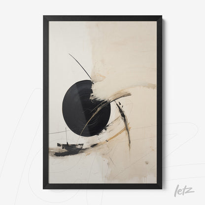 abstract wall art in beige and black tones featuring a prominent circular design in a black frame