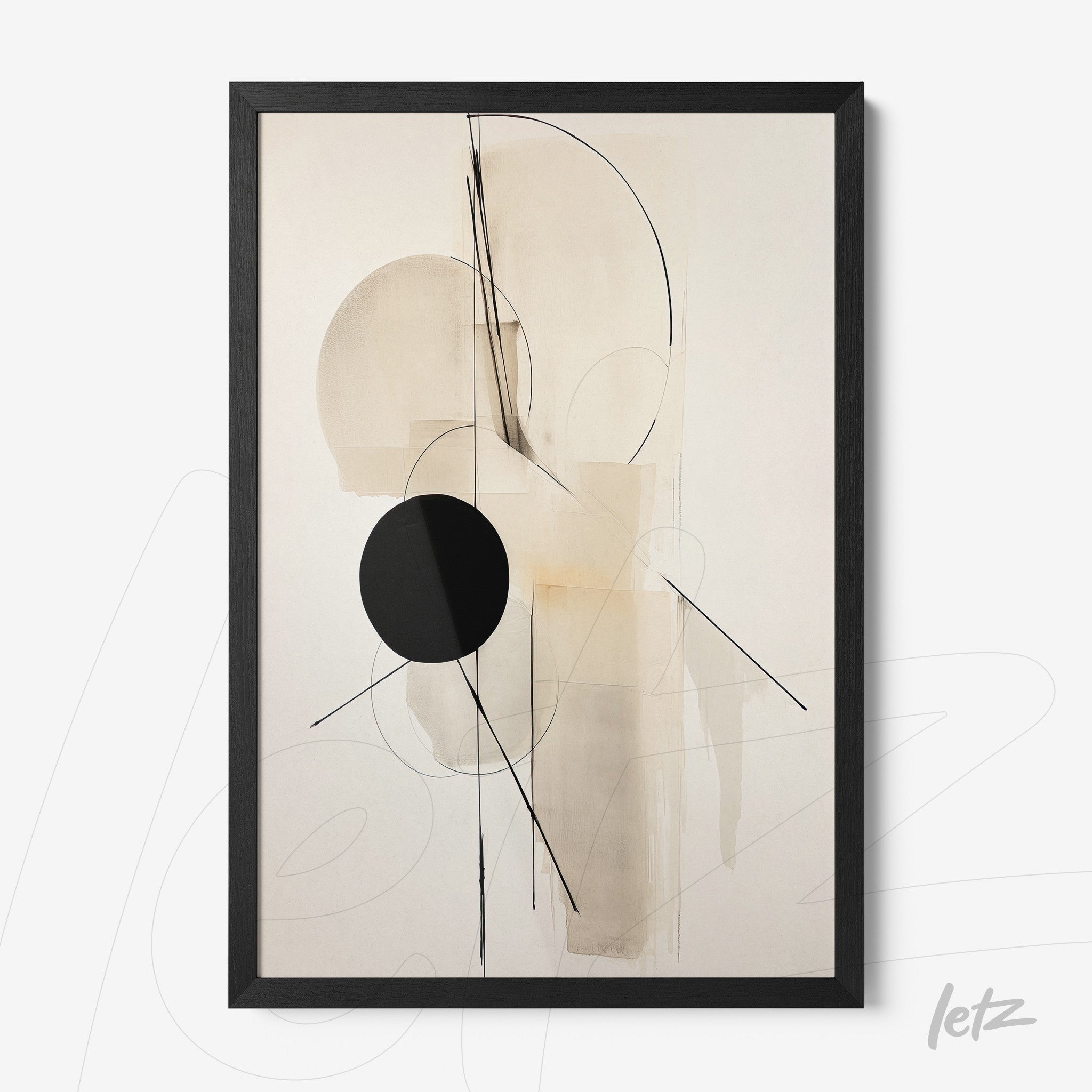 abstract wall art featuring neutral tones and geometric shapes, framed in a slim black frame
