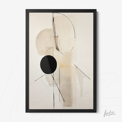 abstract wall art featuring neutral tones and geometric shapes, framed in a slim black frame