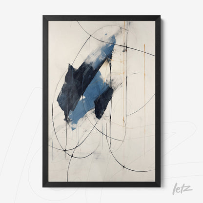 abstract wall art in shades of blue and black with fine black lines on a light background and black frame