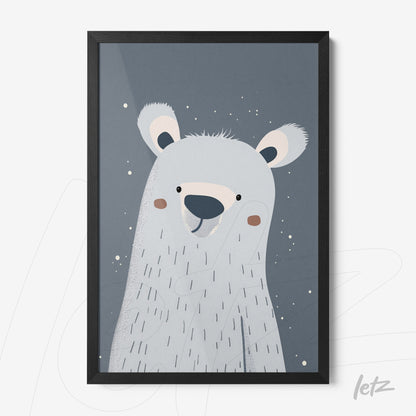 framed artwork of a smiling polar bear on a gray background, black frame