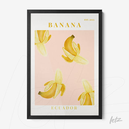 framed wall art featuring banana illustration on pink background with black frame