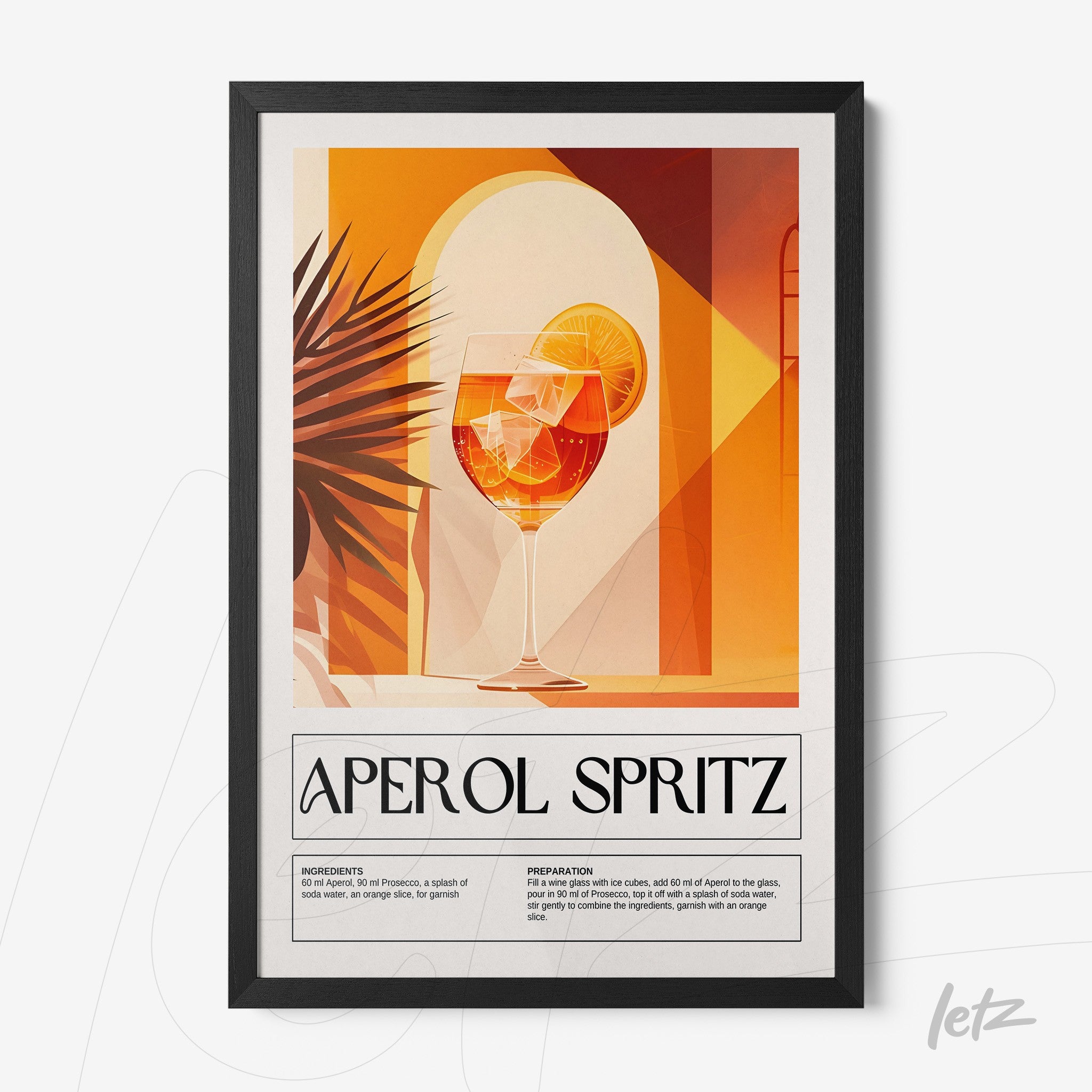framed wall art featuring a graphic illustration of aperol spritz with a black frame