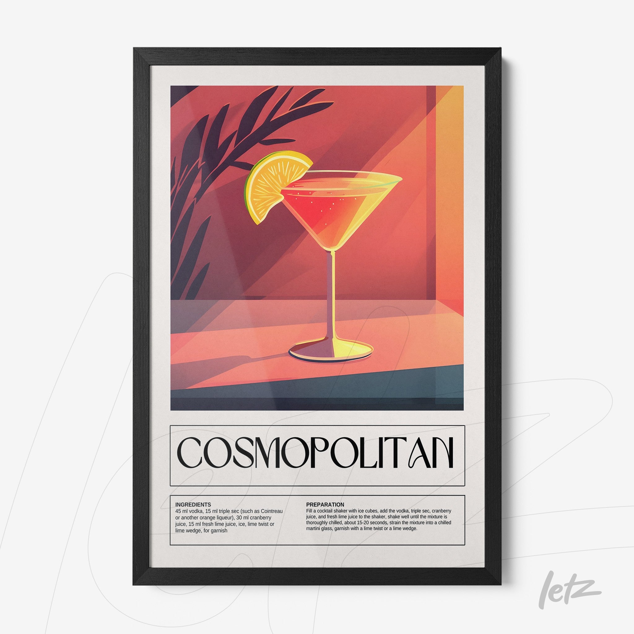 stylized digital wall art of cosmopolitan cocktail in a sleek black frame
