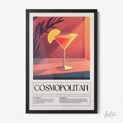 stylized digital wall art of cosmopolitan cocktail in a sleek black frame