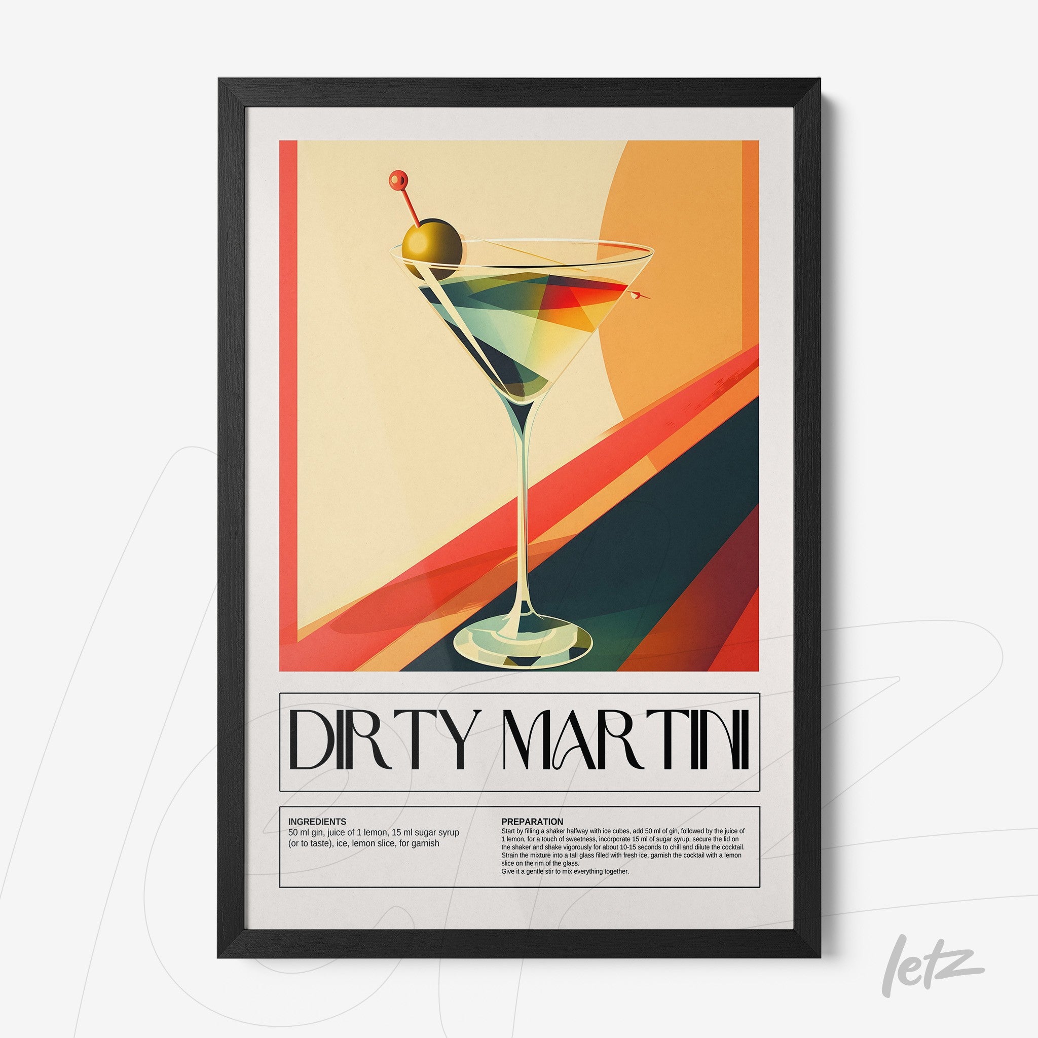 framed illustration of a martini cocktail with a black frame, featuring a colorful gradient background in pastel tones
