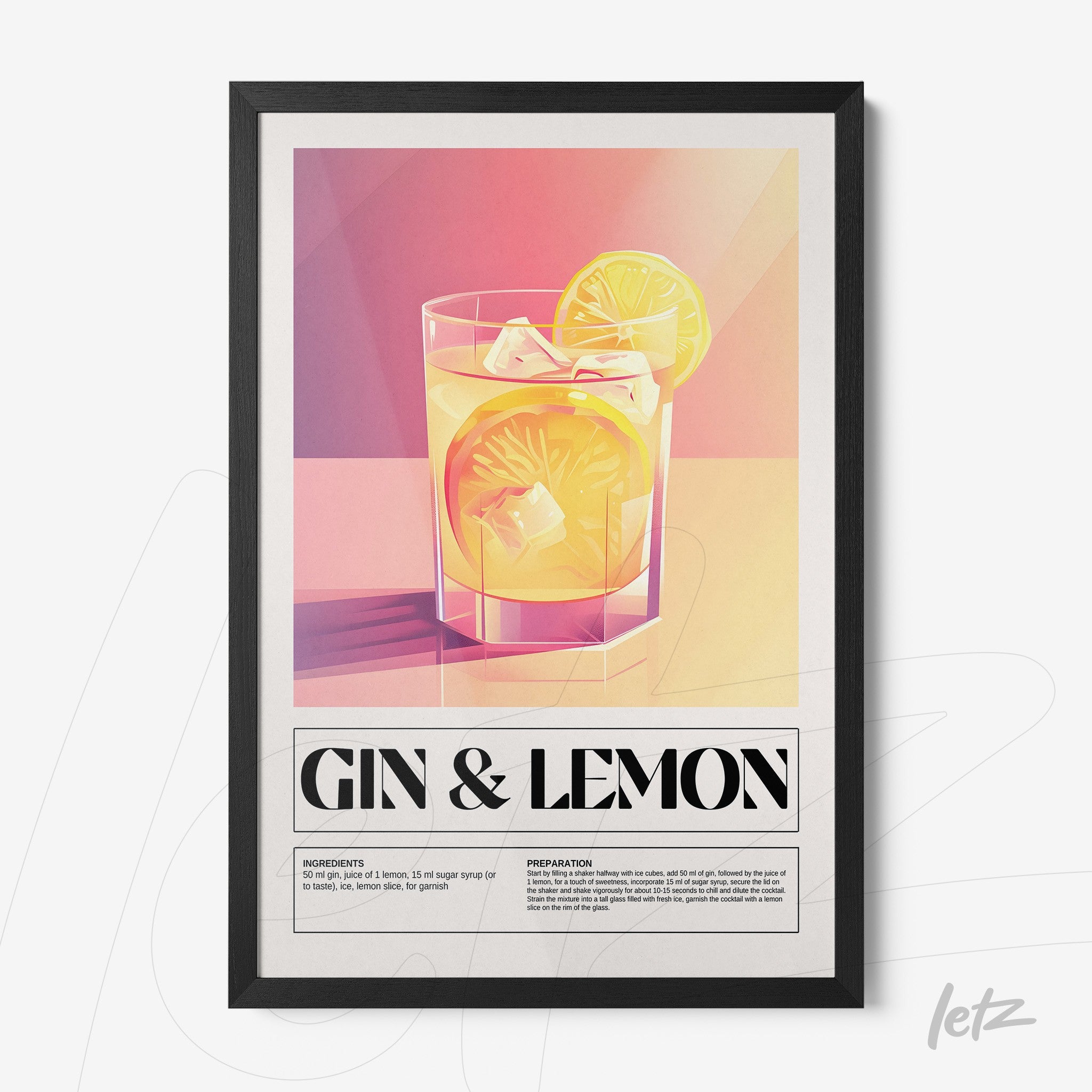 stylized wall art of gin and lemon cocktail with black frame