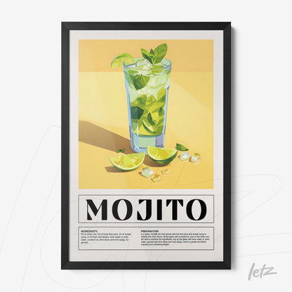 framed minimalist art of mojito cocktail with black frame featuring limes and ice on yellow background