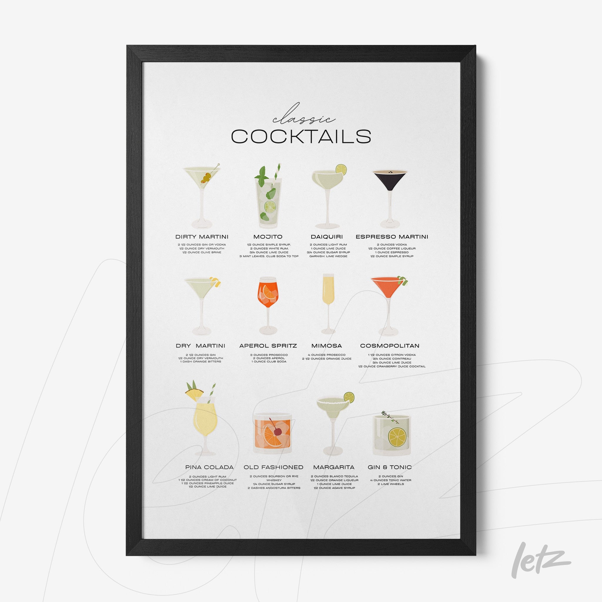 framed wall art featuring illustrations of classic cocktails arranged in a table format with a white background