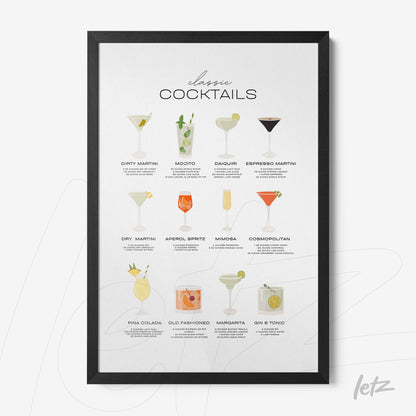 framed wall art featuring illustrations of classic cocktails arranged in a table format with a white background