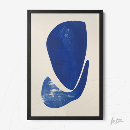abstract art piece featuring blue shapes on neutral background in black frame