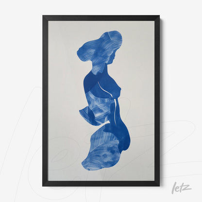 framed artwork featuring a blue silhouette of a woman against a light background