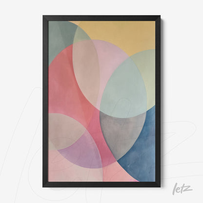 framed abstract artwork featuring oval shapes in pastel tones with yellow background and black frame
