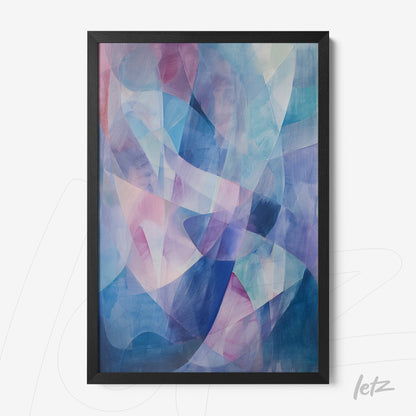 framed abstract art piece in shades of blue, pink, and lilac