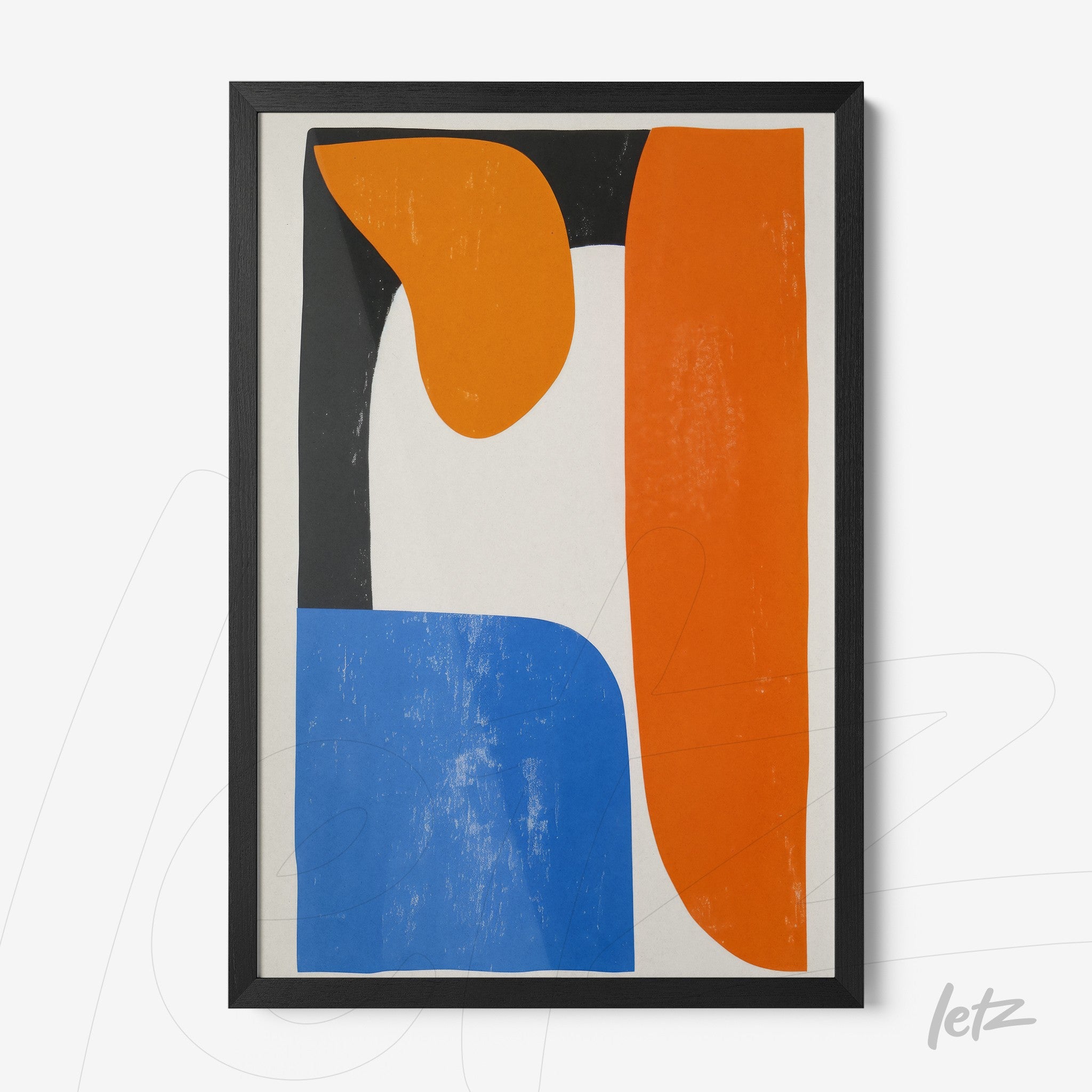 framed abstract art piece featuring vibrant colors including orange, blue, and black with a black frame