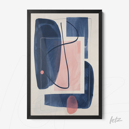 abstract wall art featuring geometric shapes in dark blue, pink, and cream in a black frame