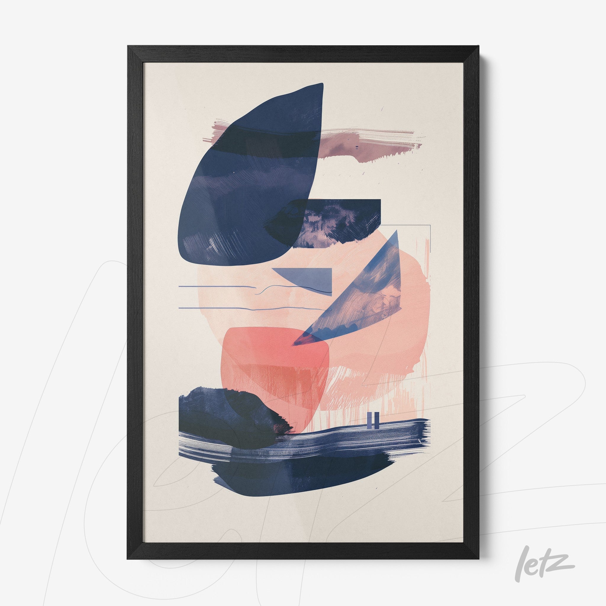 framed abstract art featuring shades of blue and pink
