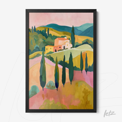 framed artwork featuring vibrant tuscan landscape with green hills and cypress trees
