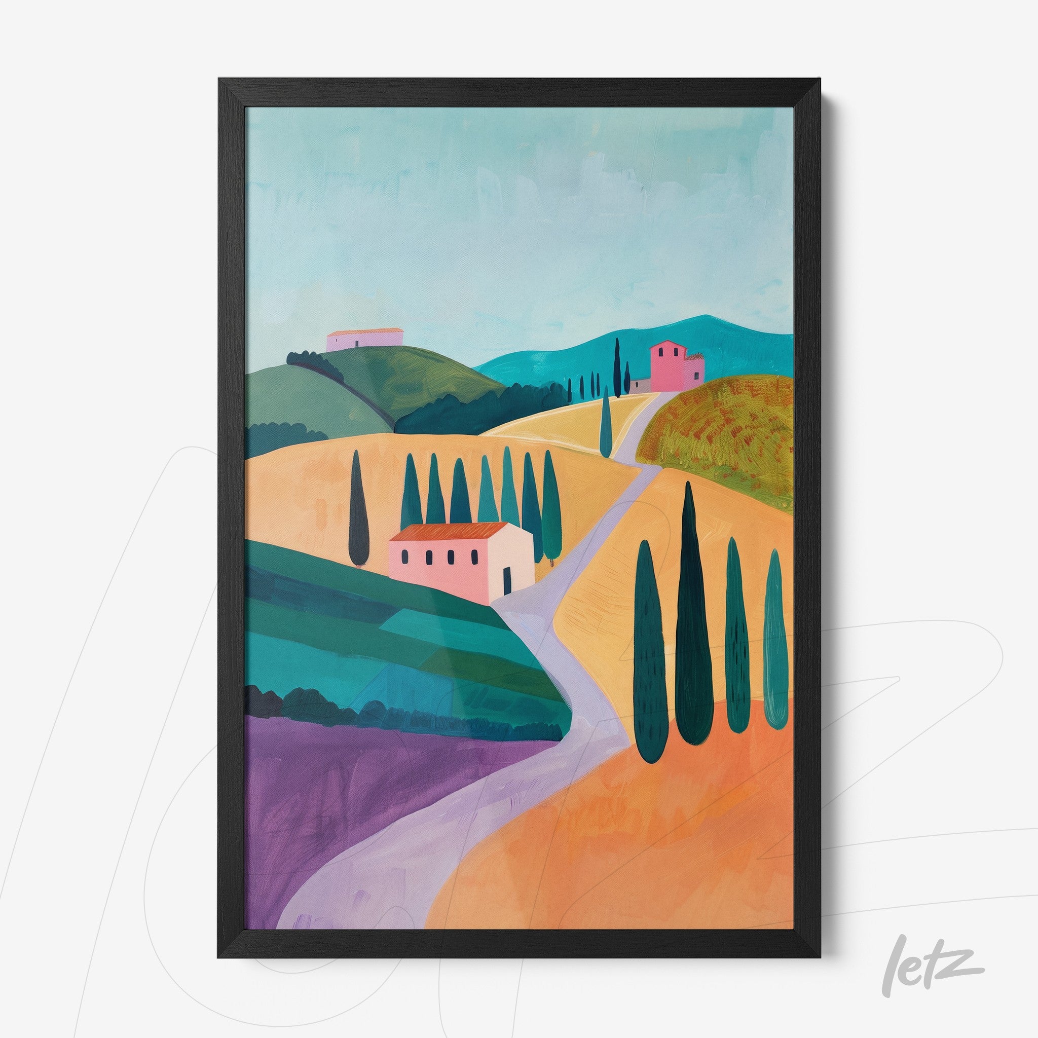 framed wall art featuring a stylized rural landscape with green hills and colorful fields