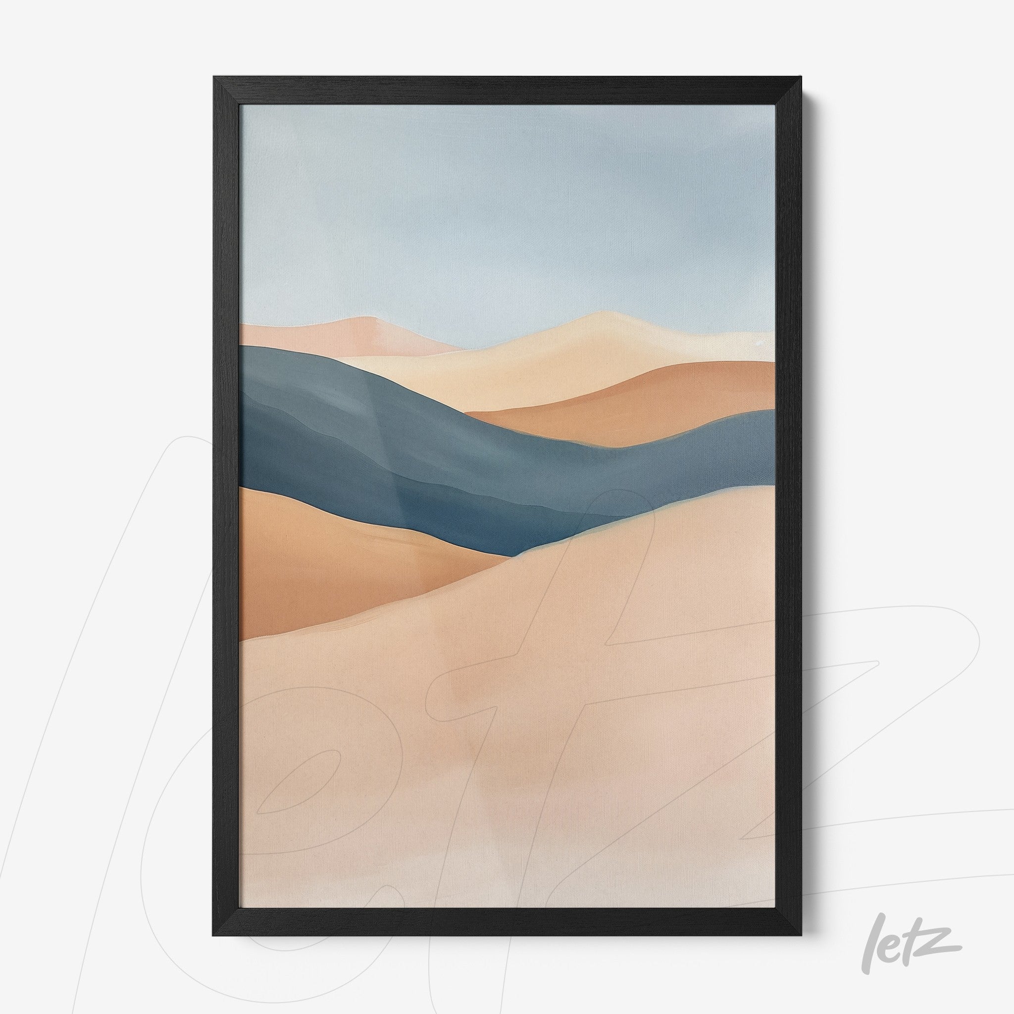 framed abstract landscape art in shades of blue and terracotta