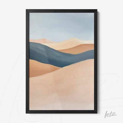 framed abstract landscape art in shades of blue and terracotta