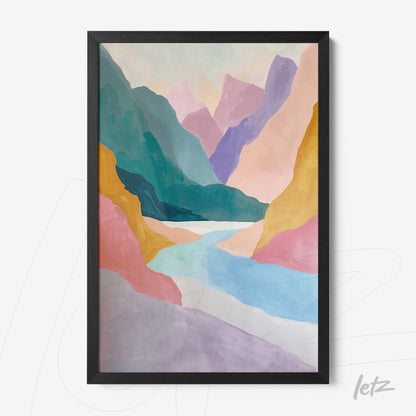 abstract art print featuring colorful mountains and soft water tones in a black frame