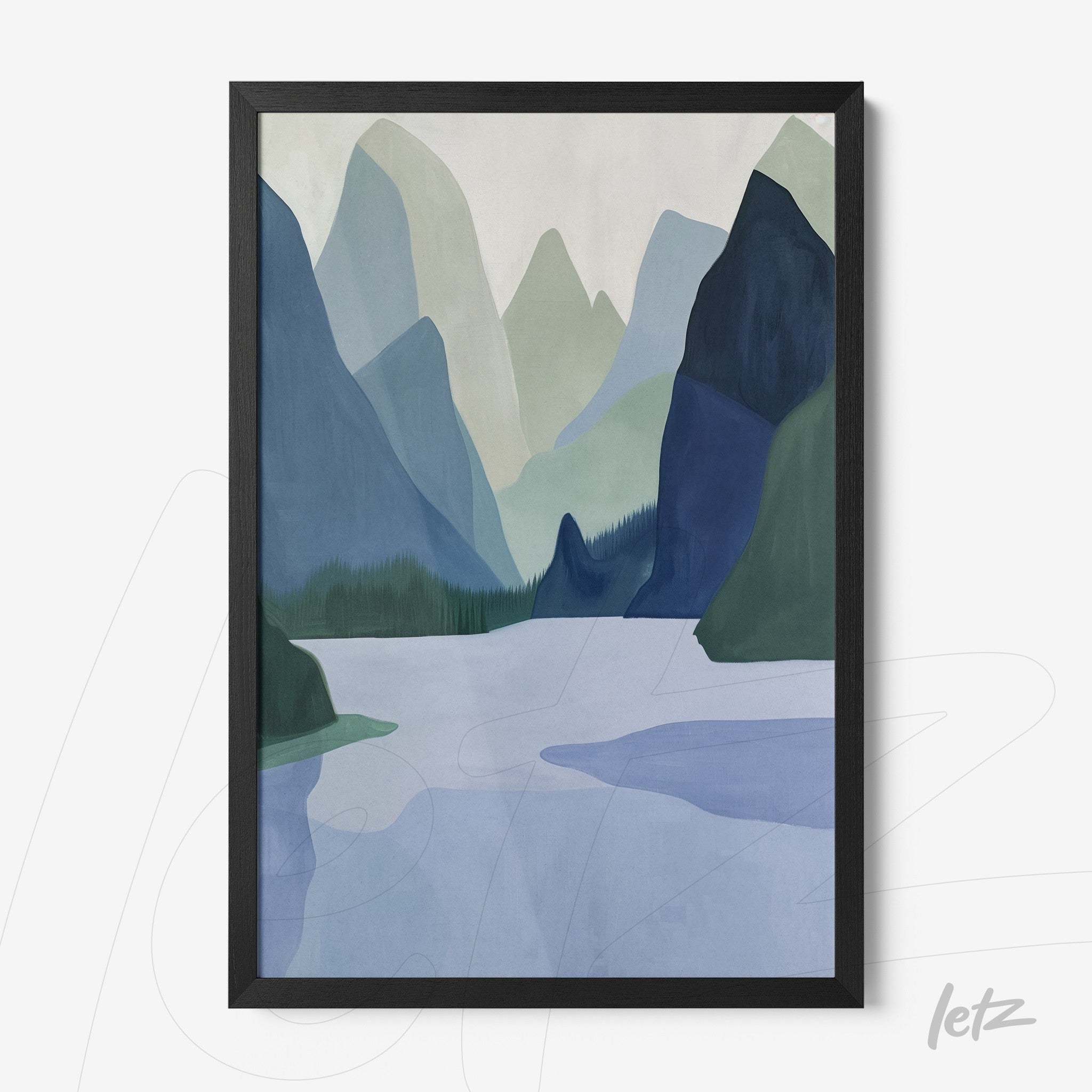 framed artwork depicting an abstract landscape with mountains and lake in shades of blue and green