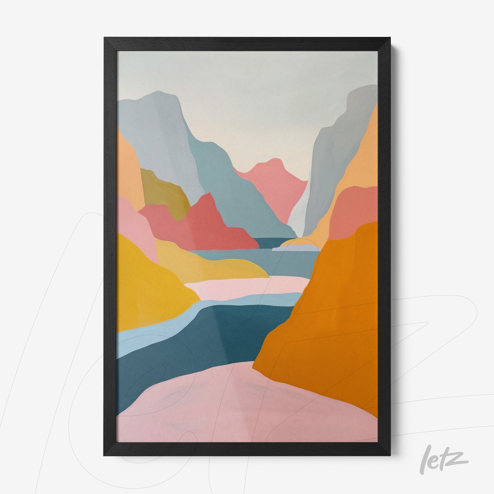 contemporary art piece featuring an abstract landscape of colorful mountains in black frame