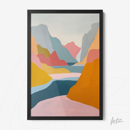 contemporary art piece featuring an abstract landscape of colorful mountains in black frame