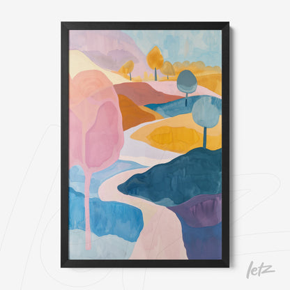 framed abstract landscape art with vibrant colors in black frame