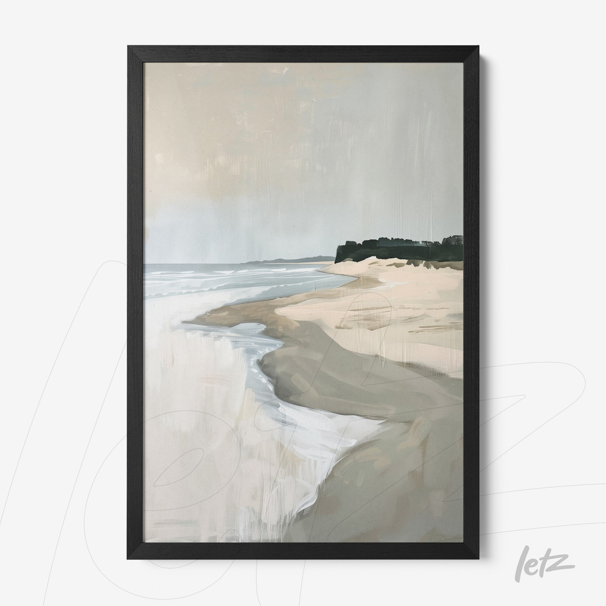 framed minimalistic artwork of a beach with soft waves and sandy shore