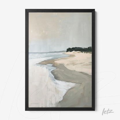 framed minimalistic artwork of a beach with soft waves and sandy shore