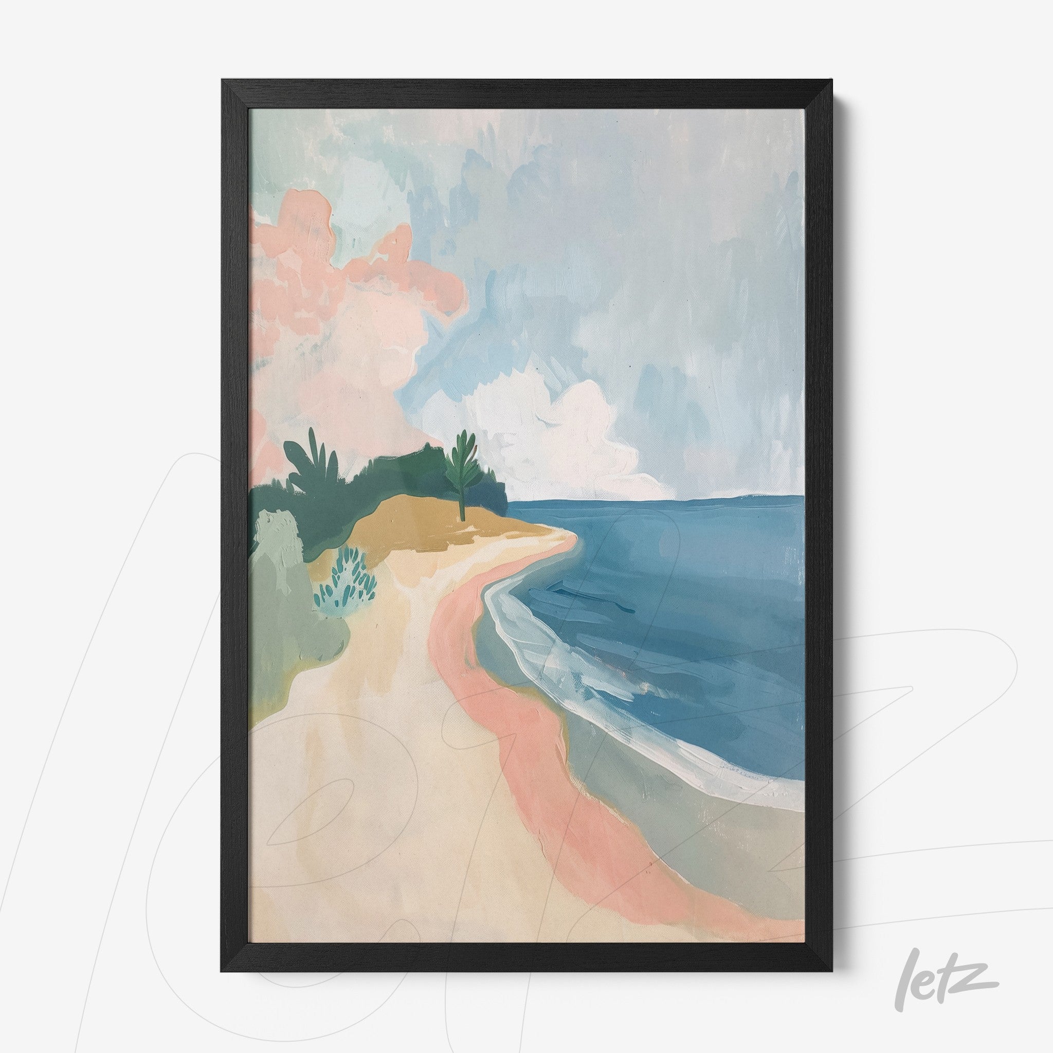 framed wall art featuring an abstract beach landscape with blue and pink tones